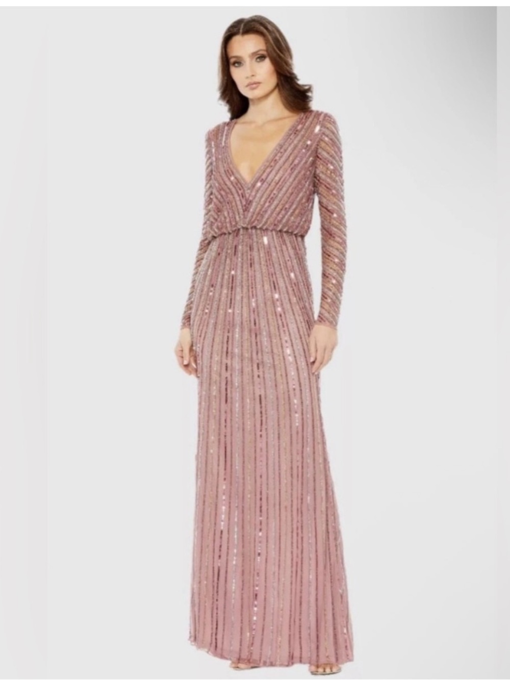 Mac Duggal Sequined V Neck Long Sleeve Column Gown in Rosewood size 12